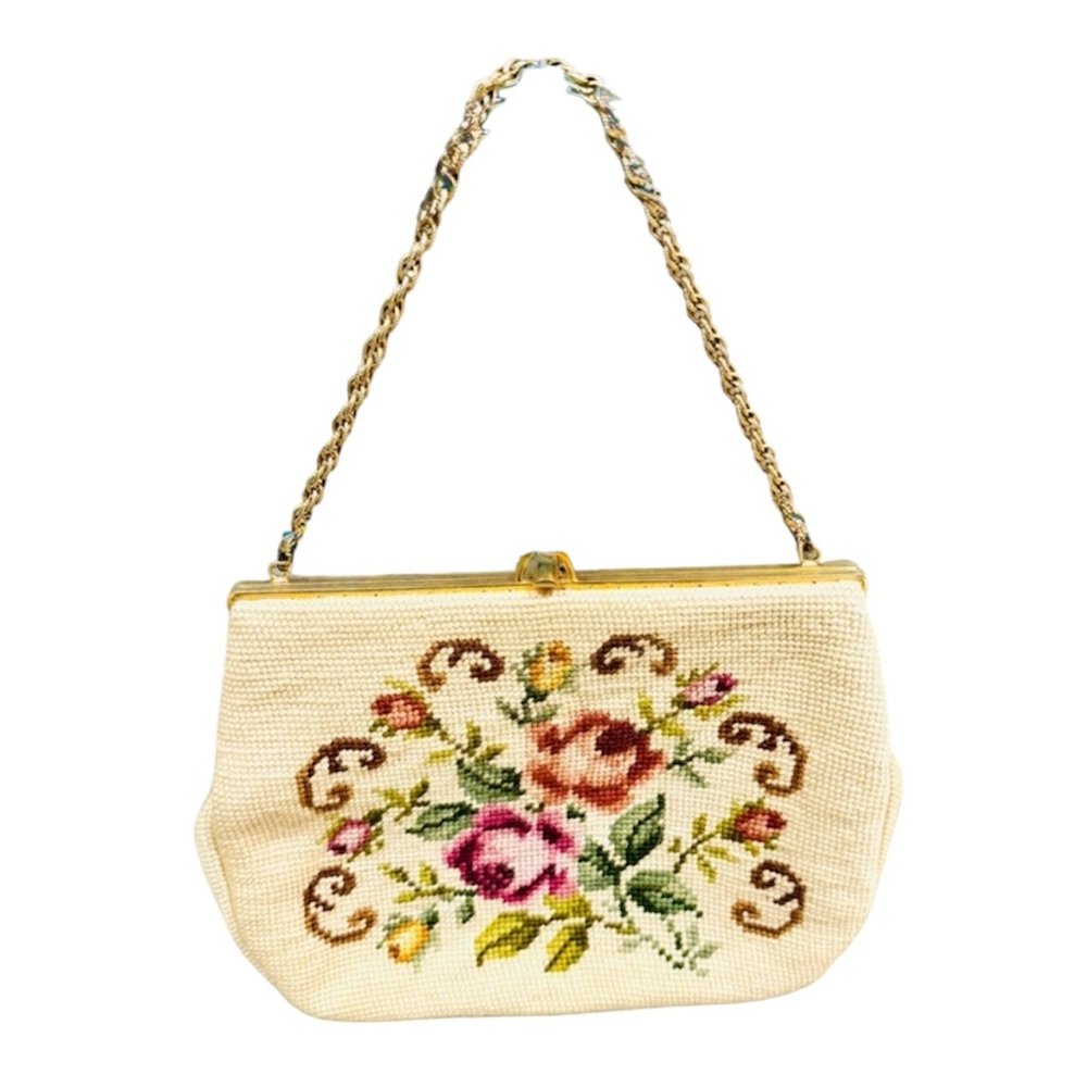 Vintage 50s Floral Needlepoint Handbag Gold Chain Kiss Lock Cream Rose Purse